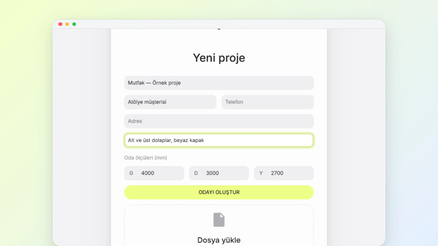 Yeni proje penceresinde odanın genişlik, derinlik ve yükseklik alanları